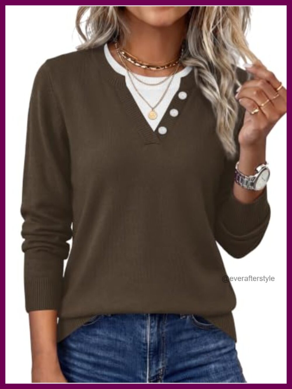 Lightweight Knit Pullover Sweater Faux Layered Button Placket Women